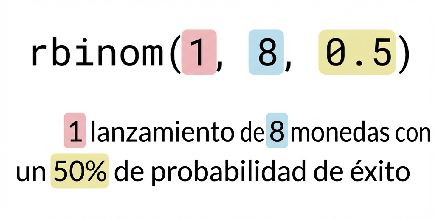 rbinom(1, 8, 0.5) con 1 en rojo, 8 en azul y 0.5 en amarillo. Texto: 1 (en rojo) lanzamiento de 8 (en azul) monedas con un 50 % (en amarillo) de probabilidades de éxito.