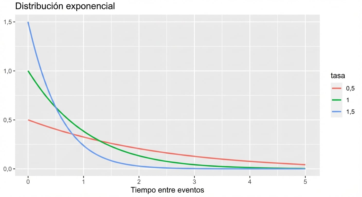 3 distribuciones exponenciales con lambda = 0,5, lambda = 1 y lambda = 1,5
