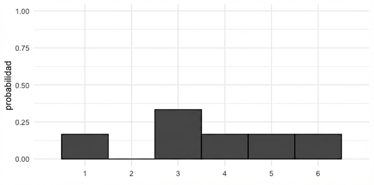 Distribución de probabilidad del dado desigual. Las barras de 1, 4, 5, 6 tienen una altura de 1/6, la barra de 2 tiene una altura de 0, la barra de 3 tiene una altura de 1/3