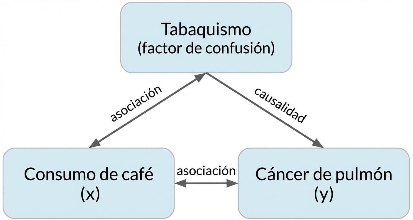 Consumo de café (x) con doble flecha hacia el cáncer de pulmón (y) etiquetado como "asociación". Doble flecha entre fumar y beber café, etiquetada como "asociación". Flecha del tabaquismo al cáncer de pulmón etiquetada de "causalidad".