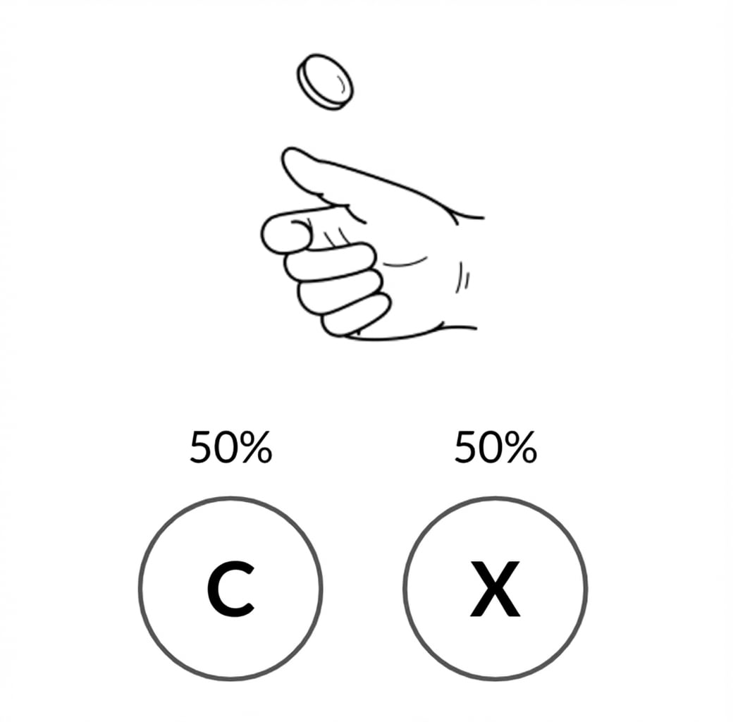 Una mano lanza una moneda, que tiene un 50 % de probabilidad de salir cara H y un 50 % de probabilidad de salir cruz T