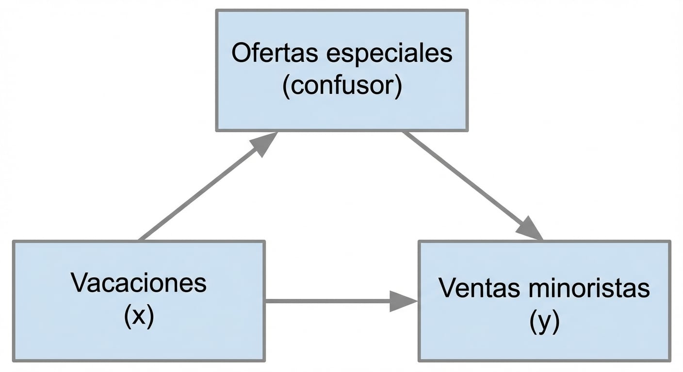Las vacaciones (x) apuntan a las ventas al por menor (y). Las ofertas especiales (factor de confusión) tienen doble flecha hacia las vacaciones y una flecha hacia las ventas al por menor.