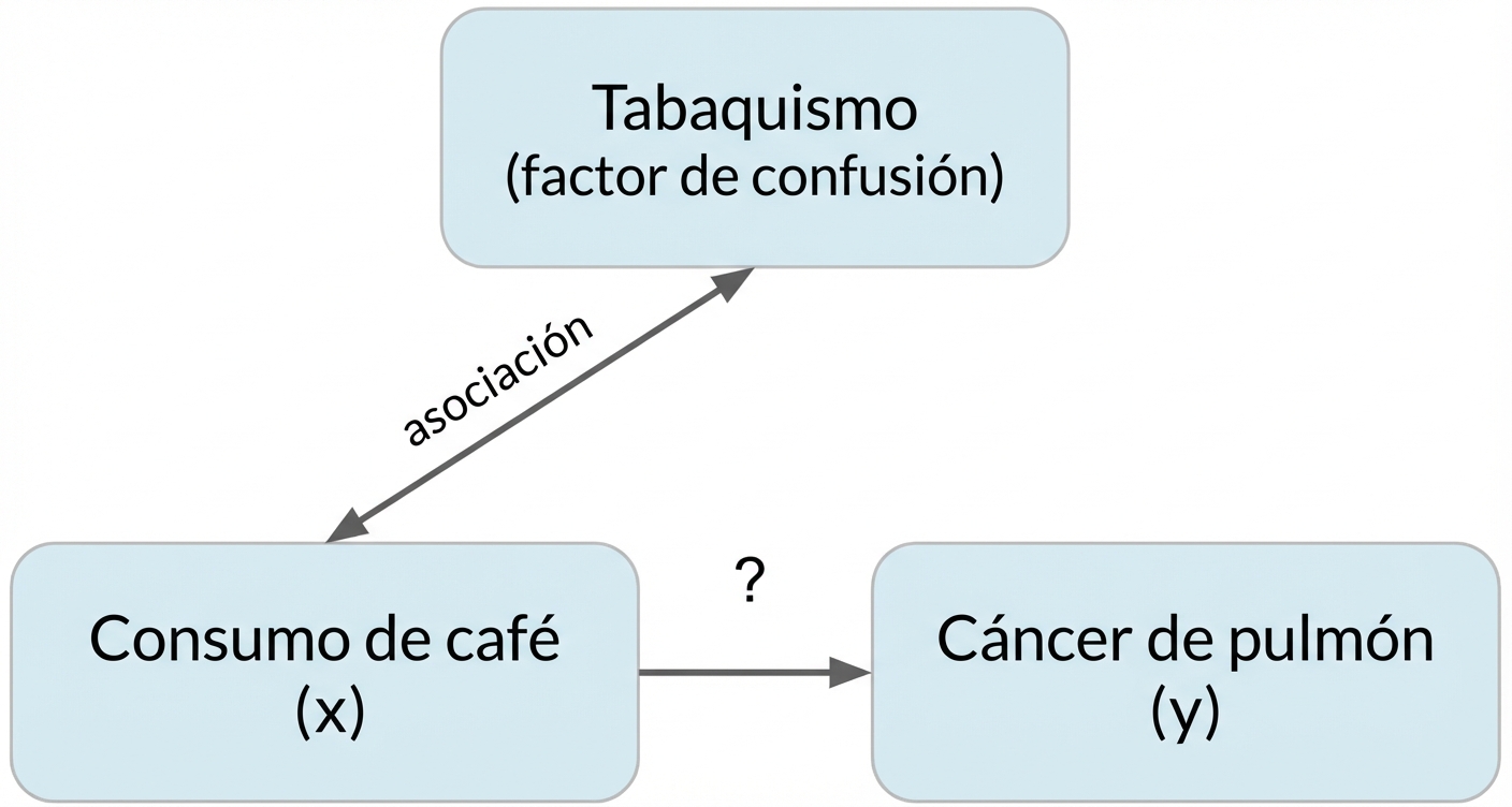 El consumo de café (x) apunta al cáncer de pulmón (y) con el tabaquismo (factor de confusión). Doble flecha entre fumar y beber café, etiquetada como "asociación".
