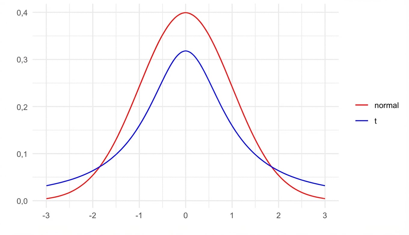 Distribución t y distribución normal gráficas en los mismos ejes