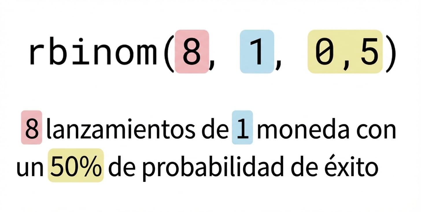 rbinom(8, 1, 0,5) con 8 en rojo, 1 en azul y 0,5 en amarillo. Texto: 8 (en rojo) lanzamientos de 1 (en azul) moneda con un 50 % (en amarillo) de probabilidades de éxito.