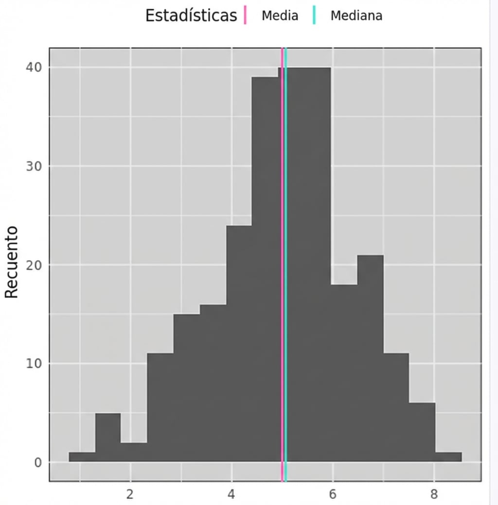 Un histograma con datos en forma de campana y una línea azul y otra roja muy próximas entre sí en el centro de los datos. El rojo representa la media, el azul representa la mediana.