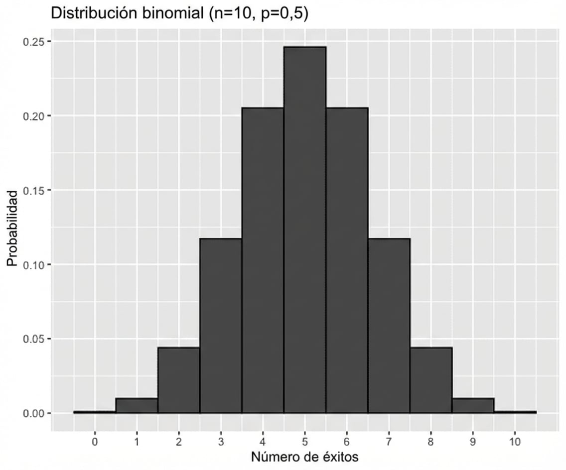 Gráfico de la distribución binomial con n = 10, p = 0,5.
