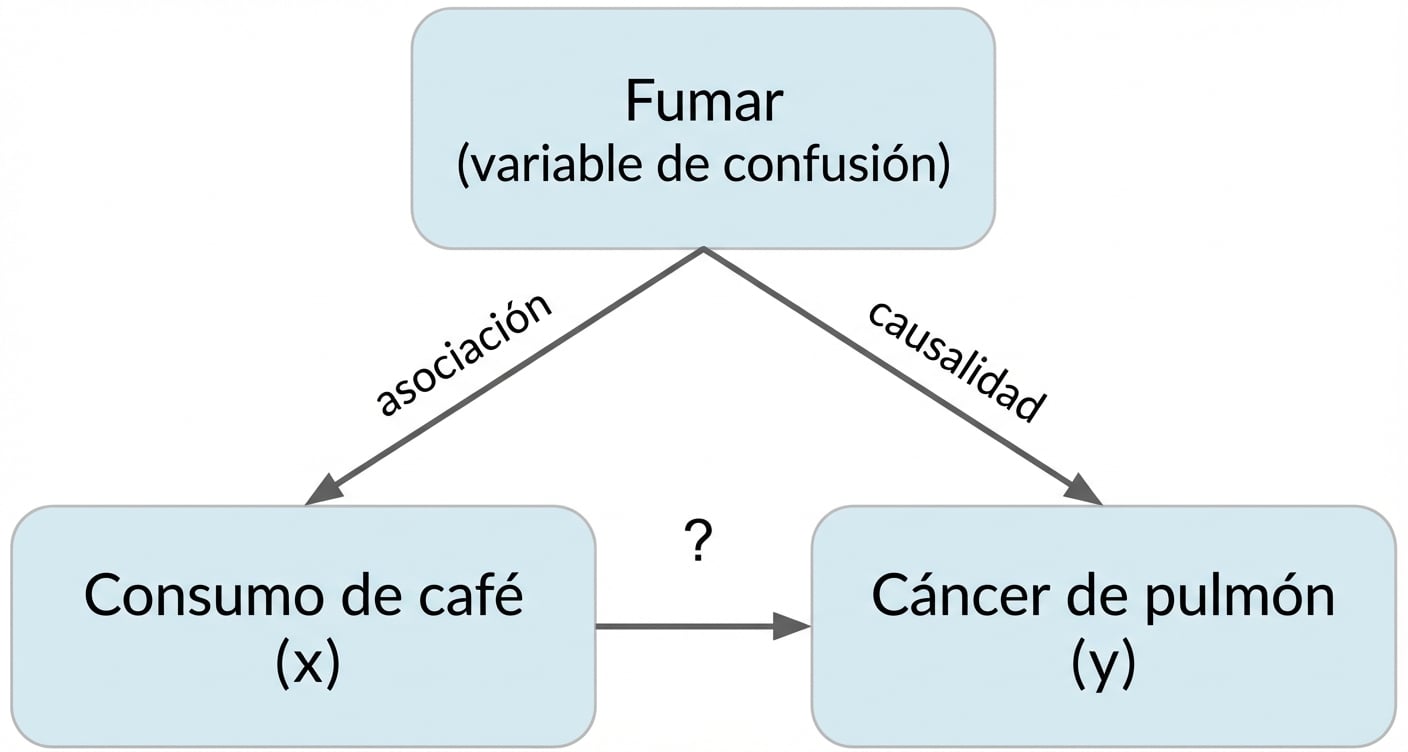 El consumo de café (x) apunta al cáncer de pulmón (y) con el tabaquismo (factor de confusión). Doble flecha entre fumar y beber café, etiquetada como "asociación". Flecha del tabaquismo al cáncer de pulmón etiquetada como "causalidad"