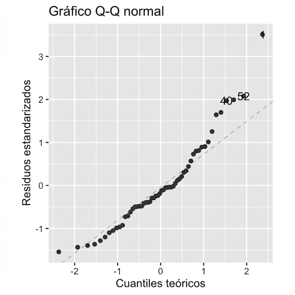 Gráfico Q-Q de los residuales estandarizados del modelo de perca frente a cuantiles teóricos. Los puntos no siguen bien la recta de igualdad, especialmente en el lado derecho.