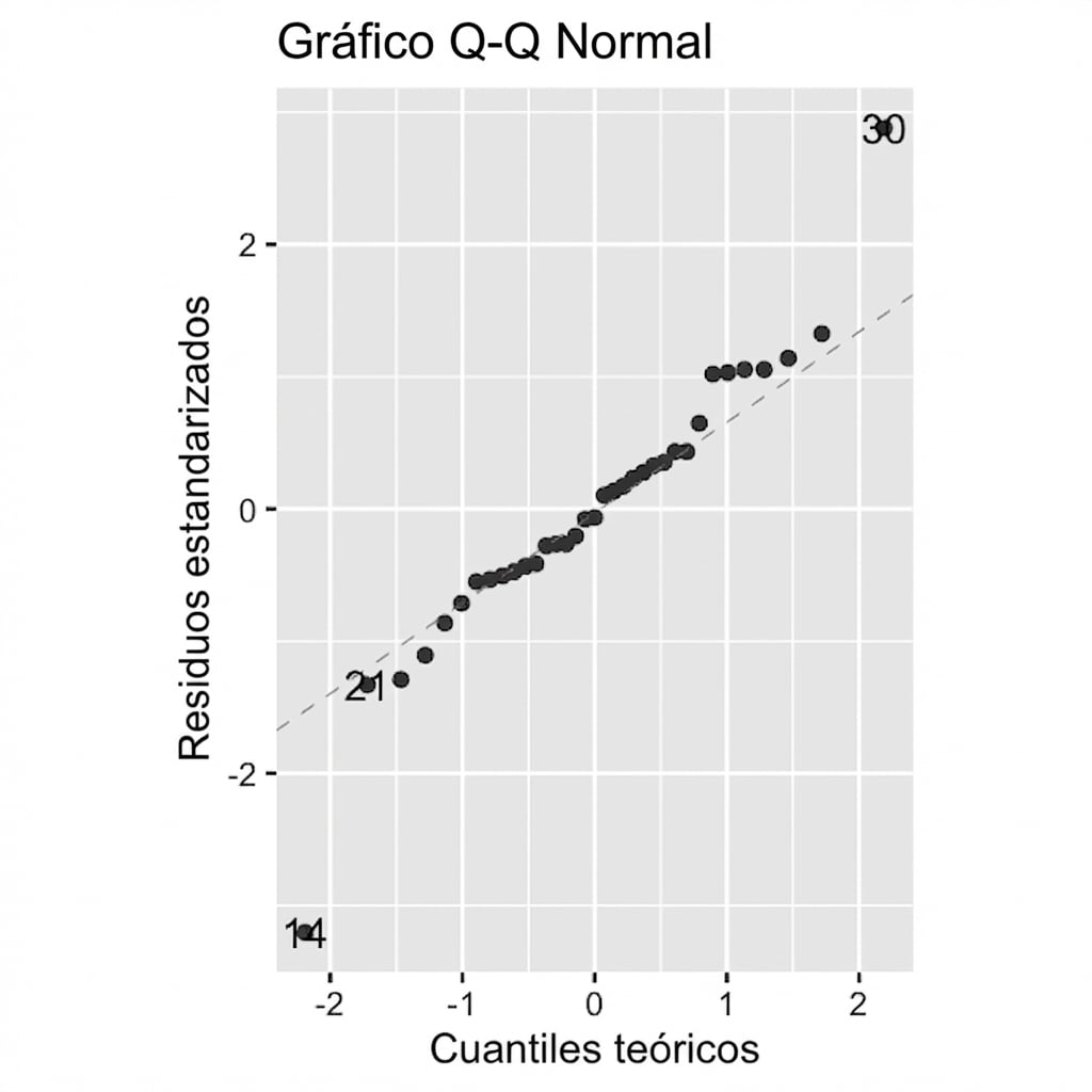 Gráfico Q-Q de los residuales estandarizados del modelo de besugo frente a cuantiles teóricos. Los puntos siguen de cerca la recta de igualdad, salvo dos atípicos.