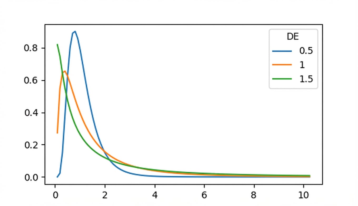 3 distribuciones normales logarítmicas con desviación típica = 0,5, desviación típica = 1 y desviación típica = 1,5