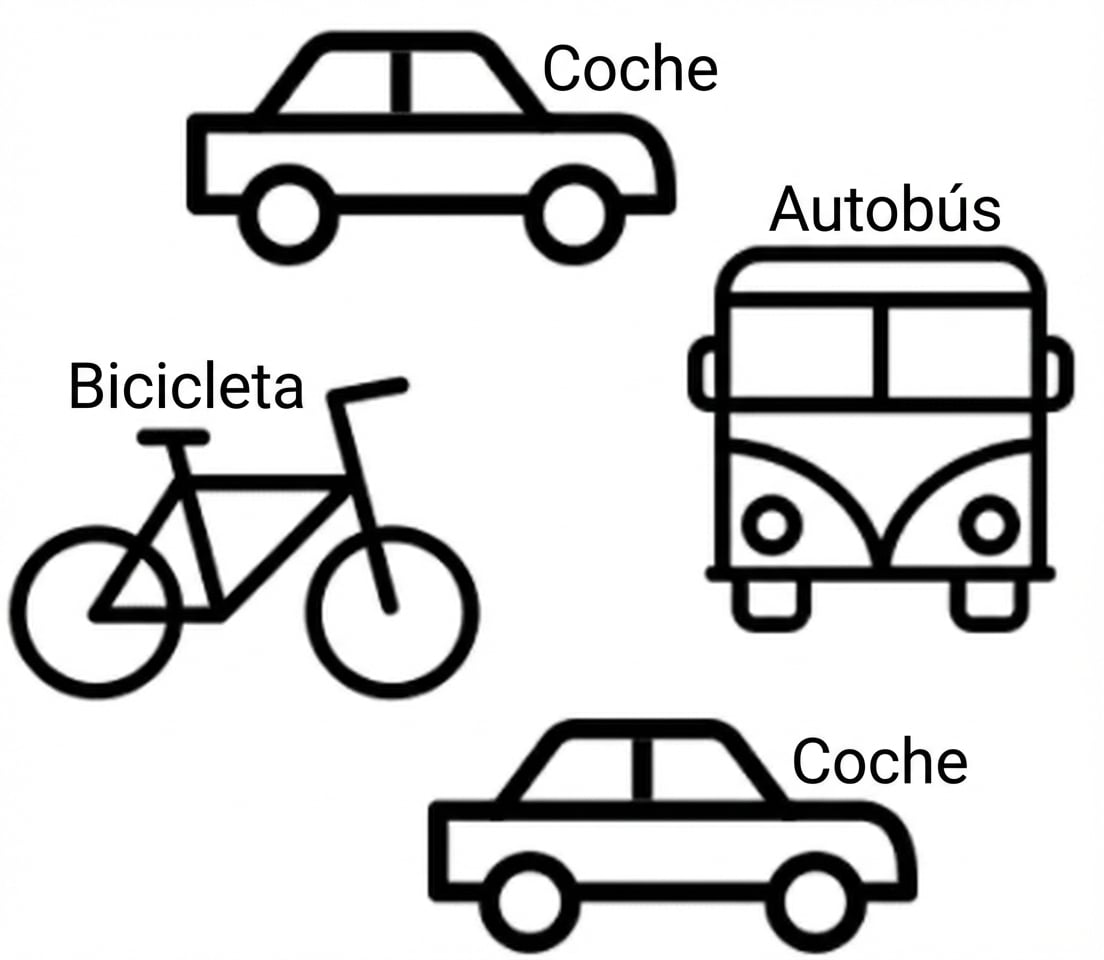 2 coches, 1 autobús, 1 bici
