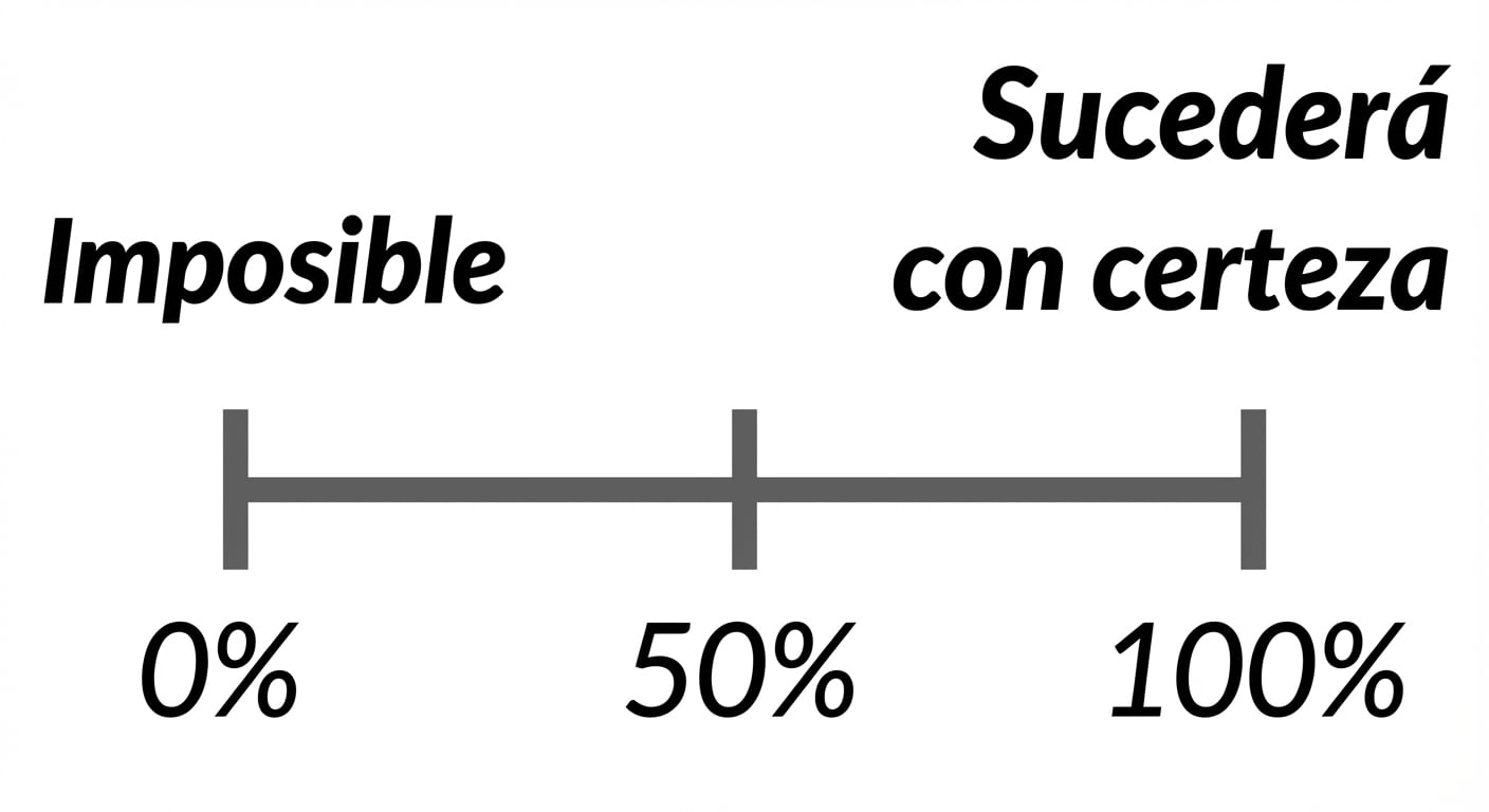Línea numérica de probabilidad. 0 por ciento = imposible, 100 por ciento = ocurrirá con toda seguridad