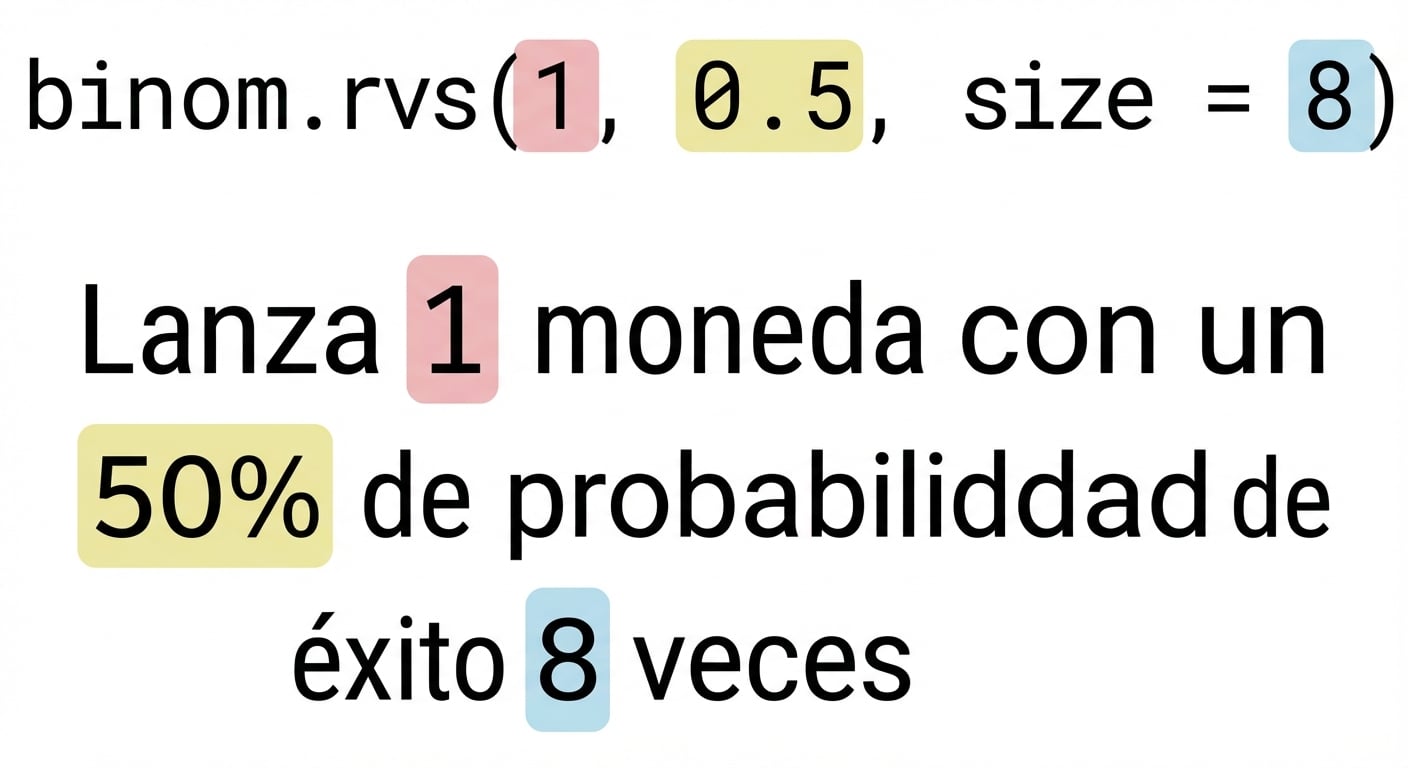binom.rvs(1, 0.5, 8) con 1 en rojo, 0.5 en amarillo, 8 en azul. Texto: Se lanza 1 (en rojo) moneda con un 50 % (en amarillo) de posibilidades de acierto 8 (en azul) veces
