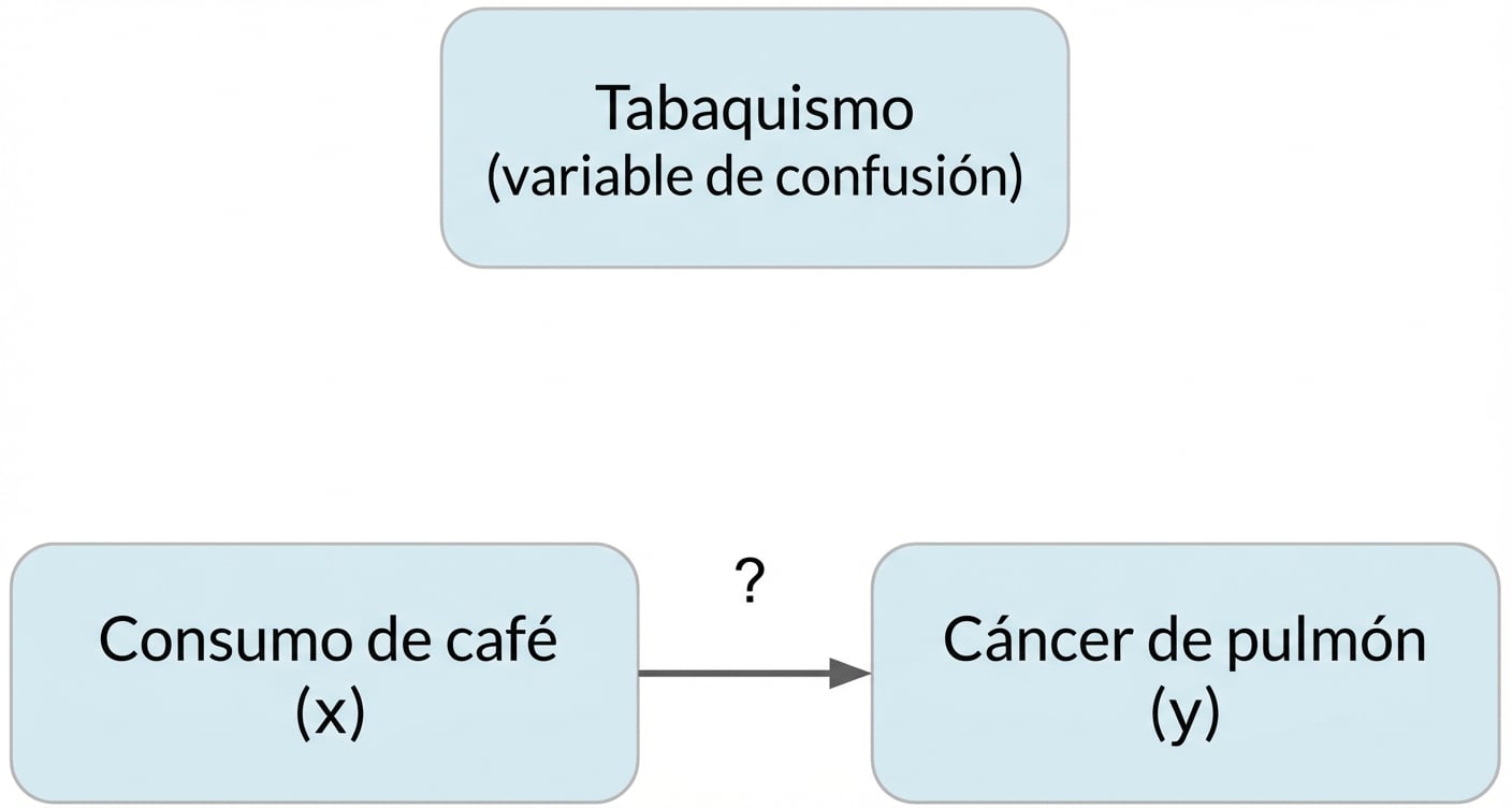 El consumo de café (x) apunta al cáncer de pulmón (y) con el tabaquismo (factor de confusión) arriba