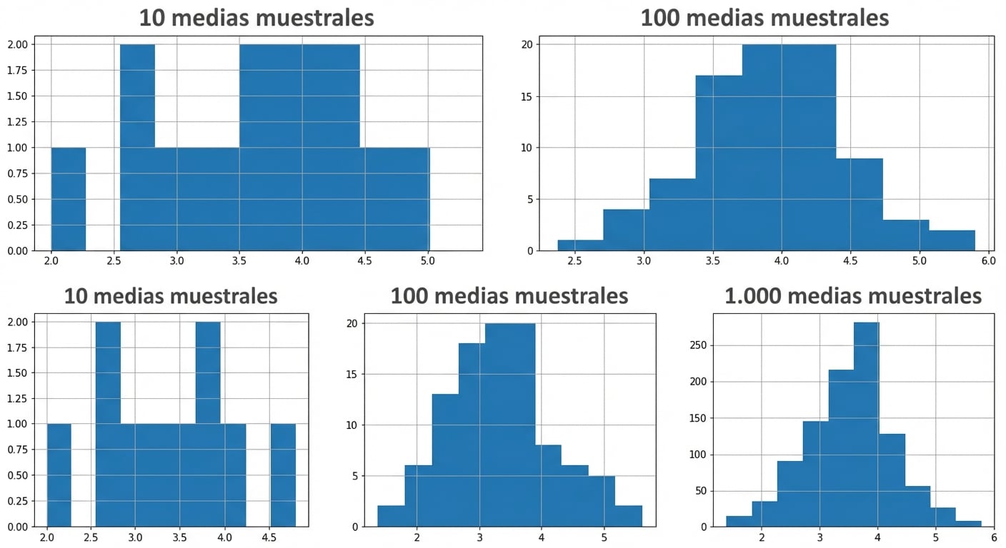 histogramas de 10, 100 y 1000 medias muestrales, donde un mayor número de medias muestrales tiene una distribución en forma de curva de campana