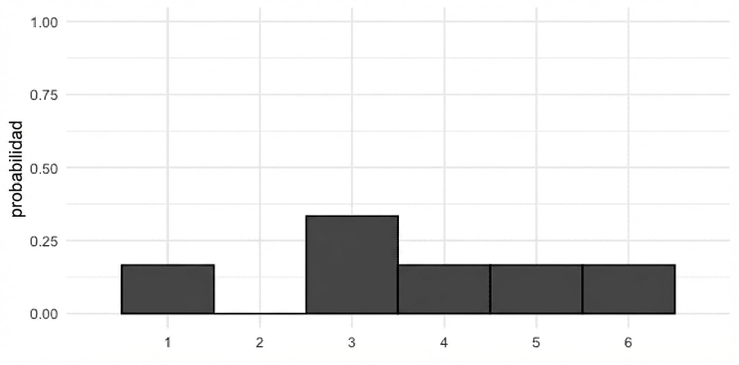 Distribución de probabilidad del dado desigual. Las barras de 1, 4, 5, 6 tienen una altura de 1/6, la barra de 2 tiene una altura de 0, la barra de 3 tiene una altura de 1/3