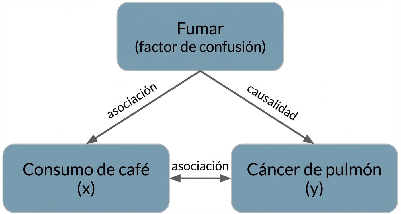 Consumo de café (x) con doble flecha hacia el cáncer de pulmón (y) etiquetado como "asociación". Doble flecha entre fumar y beber café, etiquetada como "asociación". Flecha del tabaquismo al cáncer de pulmón etiquetada de "causalidad".
