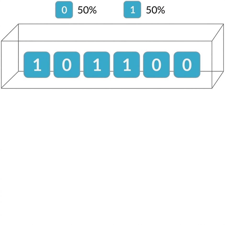 Caja de tickets con 3 ceros y 3 unos. 50 % de probabilidad de 0, 50 % de probabilidad de 1