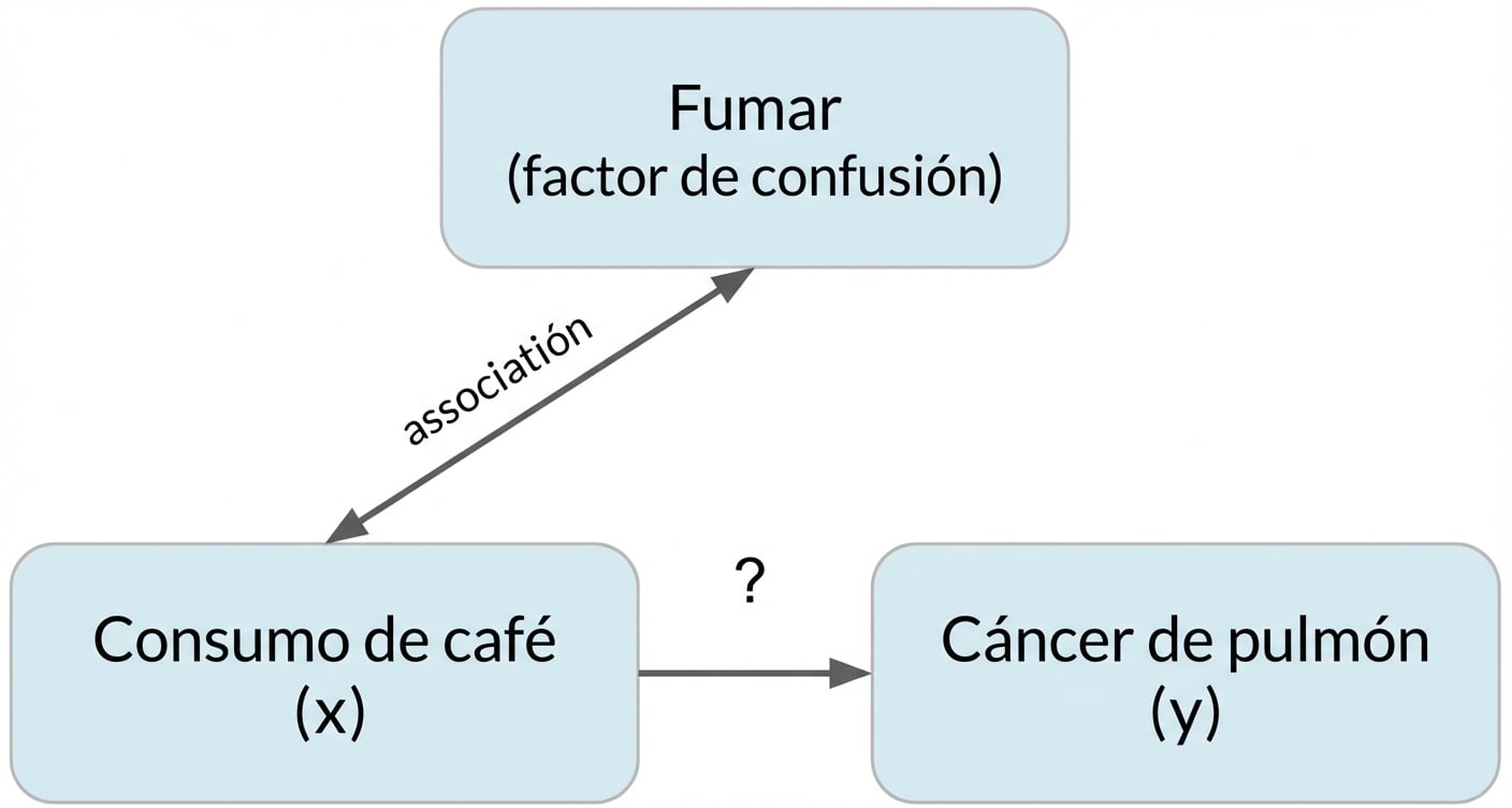 El consumo de café (x) apunta al cáncer de pulmón (y) con el tabaquismo (factor de confusión). Doble flecha entre fumar y beber café, etiquetada como "asociación".