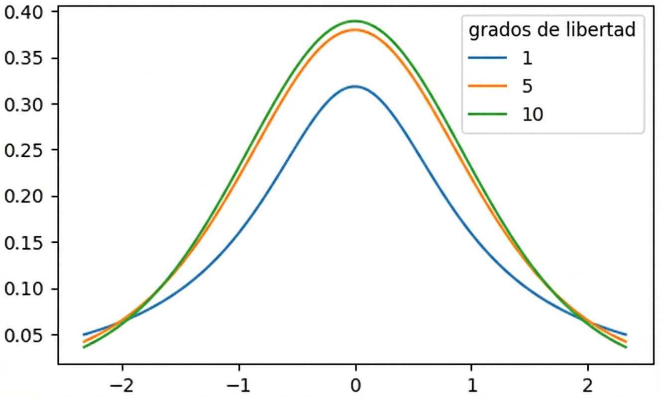 3 distribuciones t con df = 1, df = 5, y df = 10