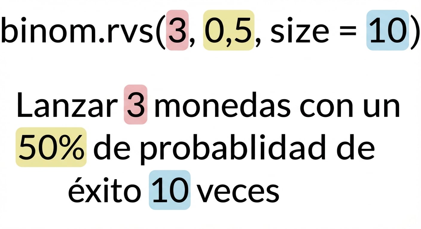 binom.rvs(3, 0.5, size=10) con 3 en rojo, 0.5 en amarillo, 10 en azul. Texto: Se lanzan 3 (en rojo) monedas con un 50 % (en amarillo) de posibilidades de acierto 10 (en azul) veces