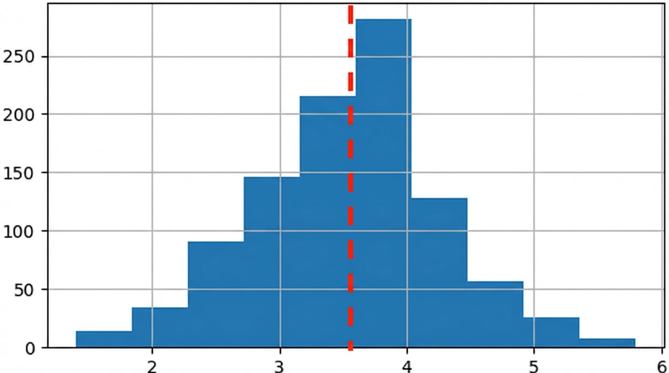 Distribución muestral de las medias muestrales con línea discontinua en el centro
