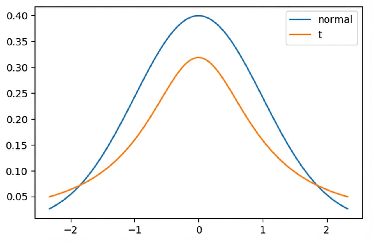 gráficos de distribución t y distribución normal en los mismos ejes