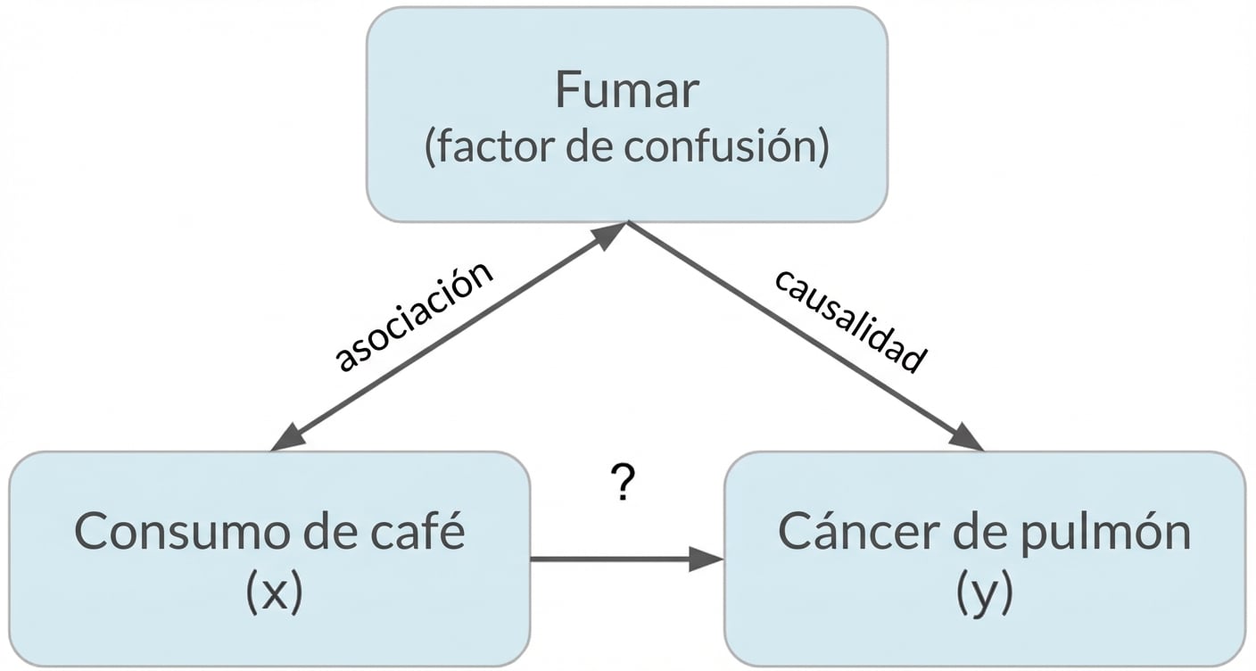 El consumo de café (x) apunta al cáncer de pulmón (y) con el tabaquismo (factor de confusión). Doble flecha entre fumar y beber café, etiquetada como "asociación". Flecha del tabaquismo al cáncer de pulmón etiquetada como "causalidad"