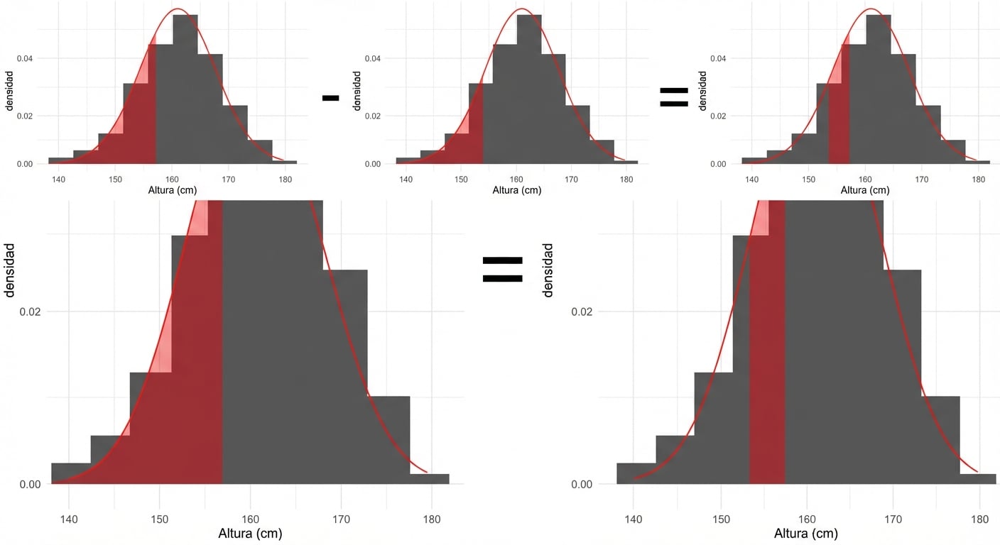 El área inferior a 157 menos el área inferior a 154 es igual al área comprendida entre 154 y 157