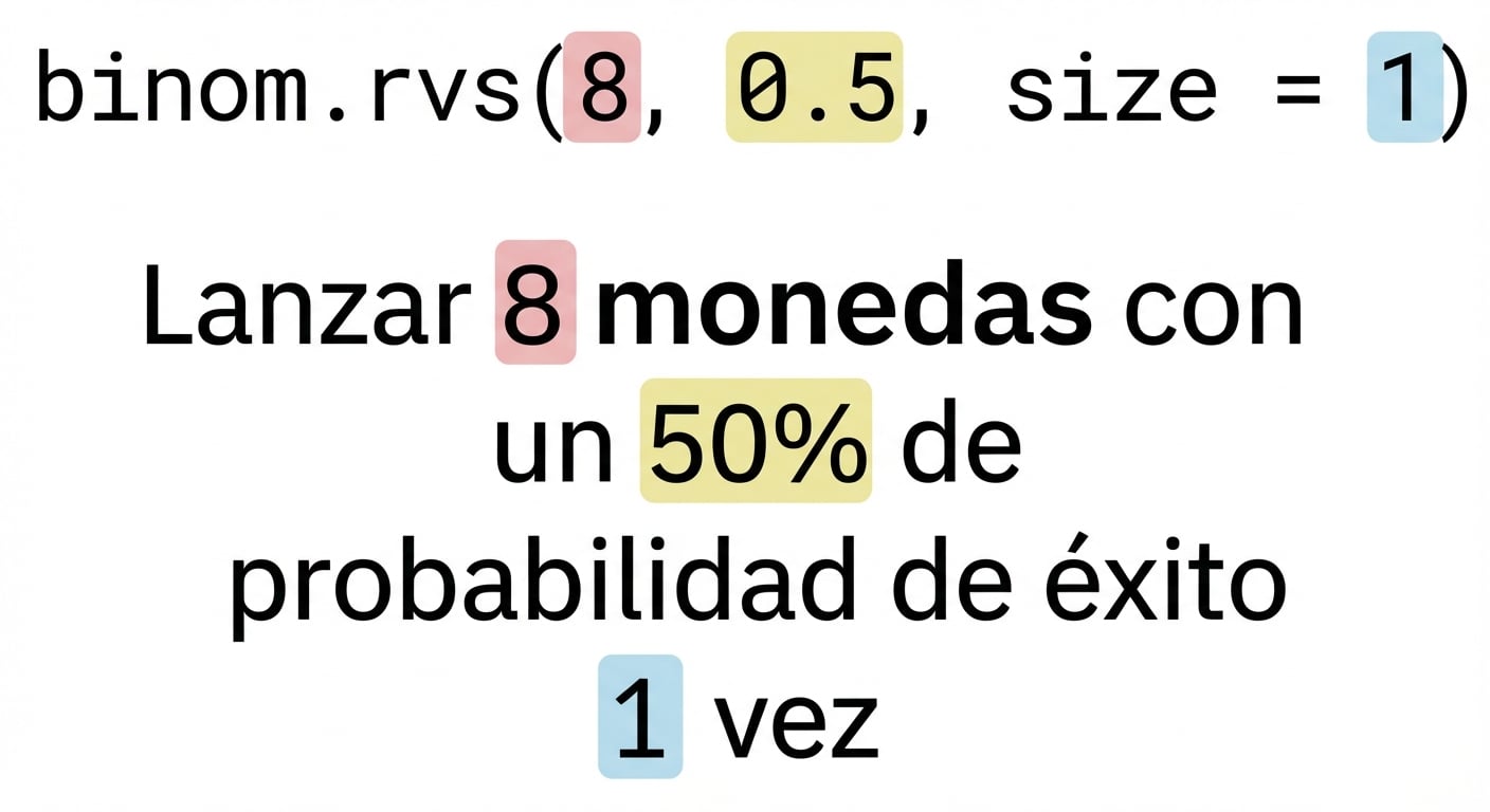 binom.rvs(8, 0.5, size=1) con 8 en rojo, 0.5 en amarillo, 1 en azul. Texto: Se lanzan 8 (en rojo) monedas con un 50 % (en amarillo) de posibilidades de acierto 1 (en azul) vez