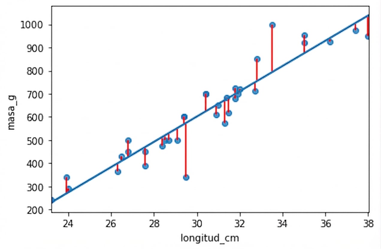Residuos, en rojo, como diferencias entre los valores reales (puntos azules) y los predichos (línea azul)