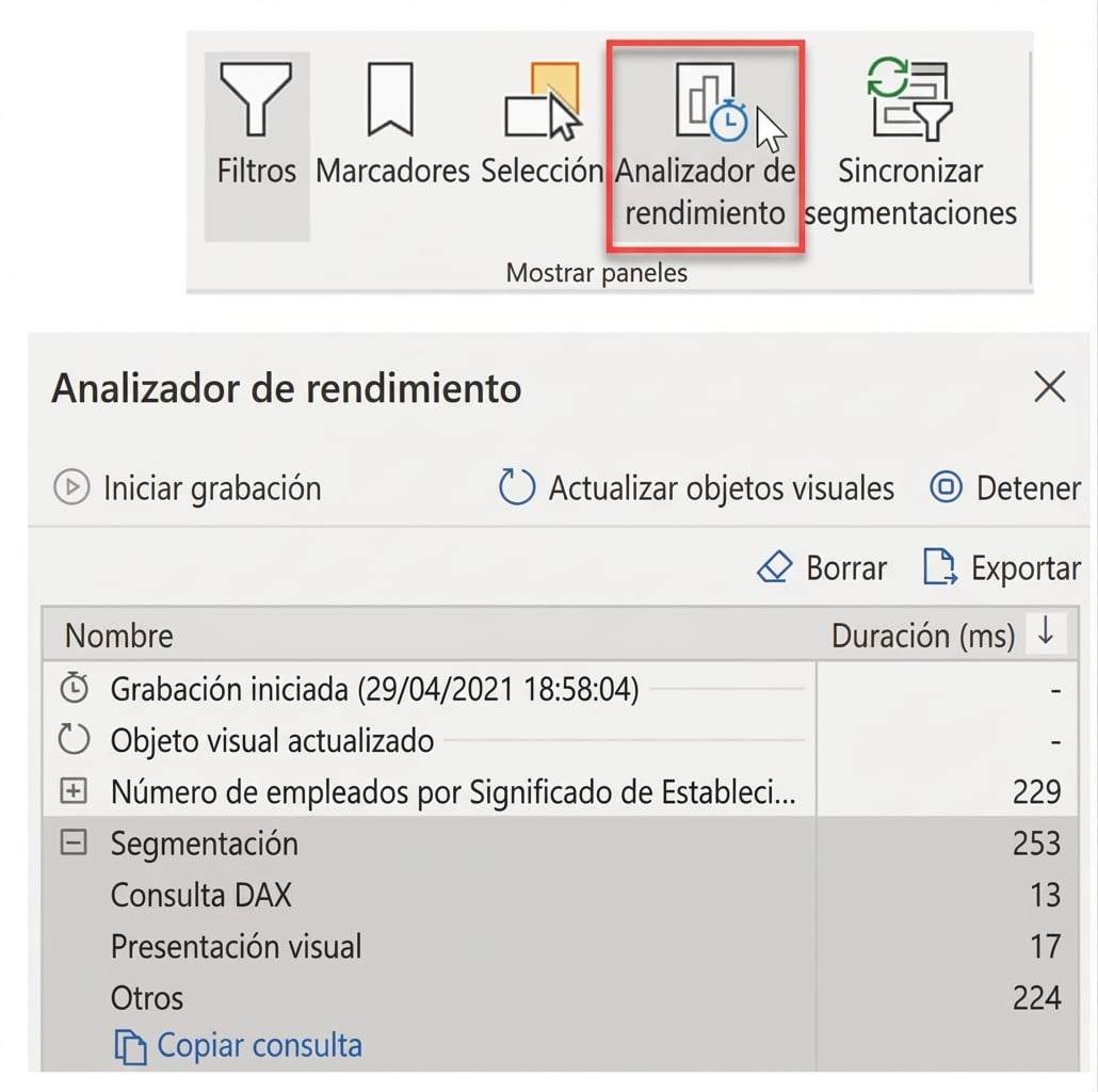 Capturas del Analizador de rendimiento en Power BI