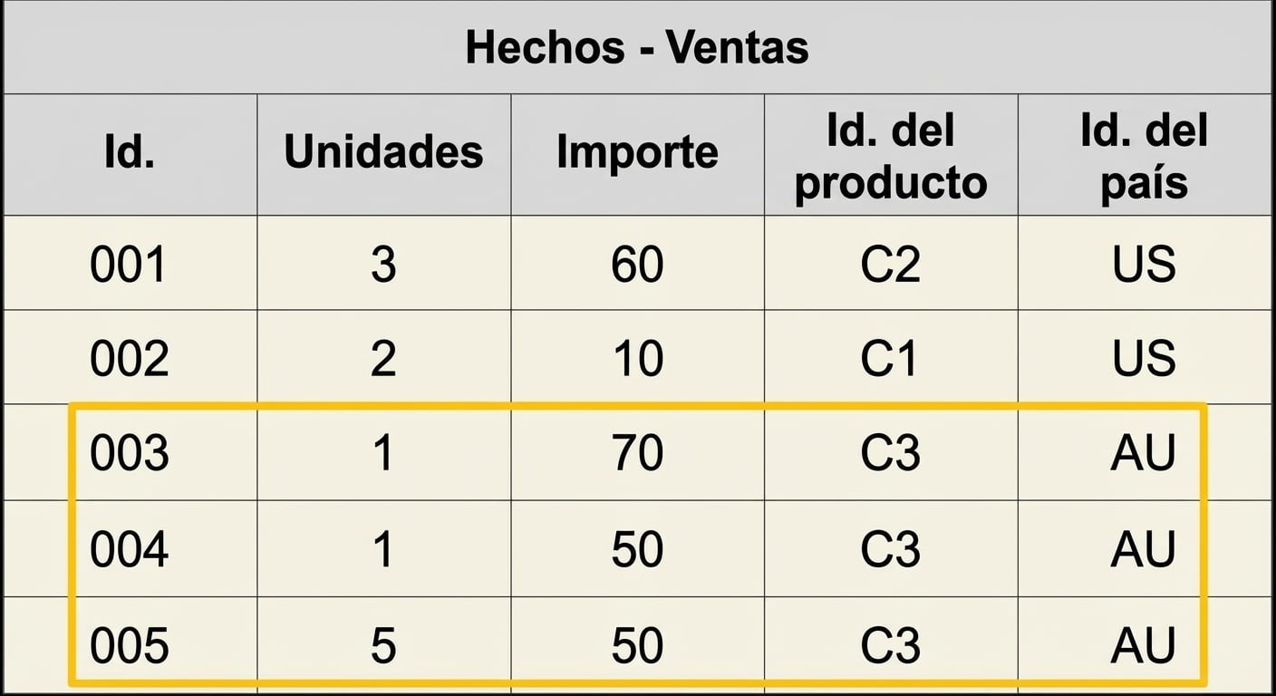 Vista de tabla detallada de ventas de hechos.