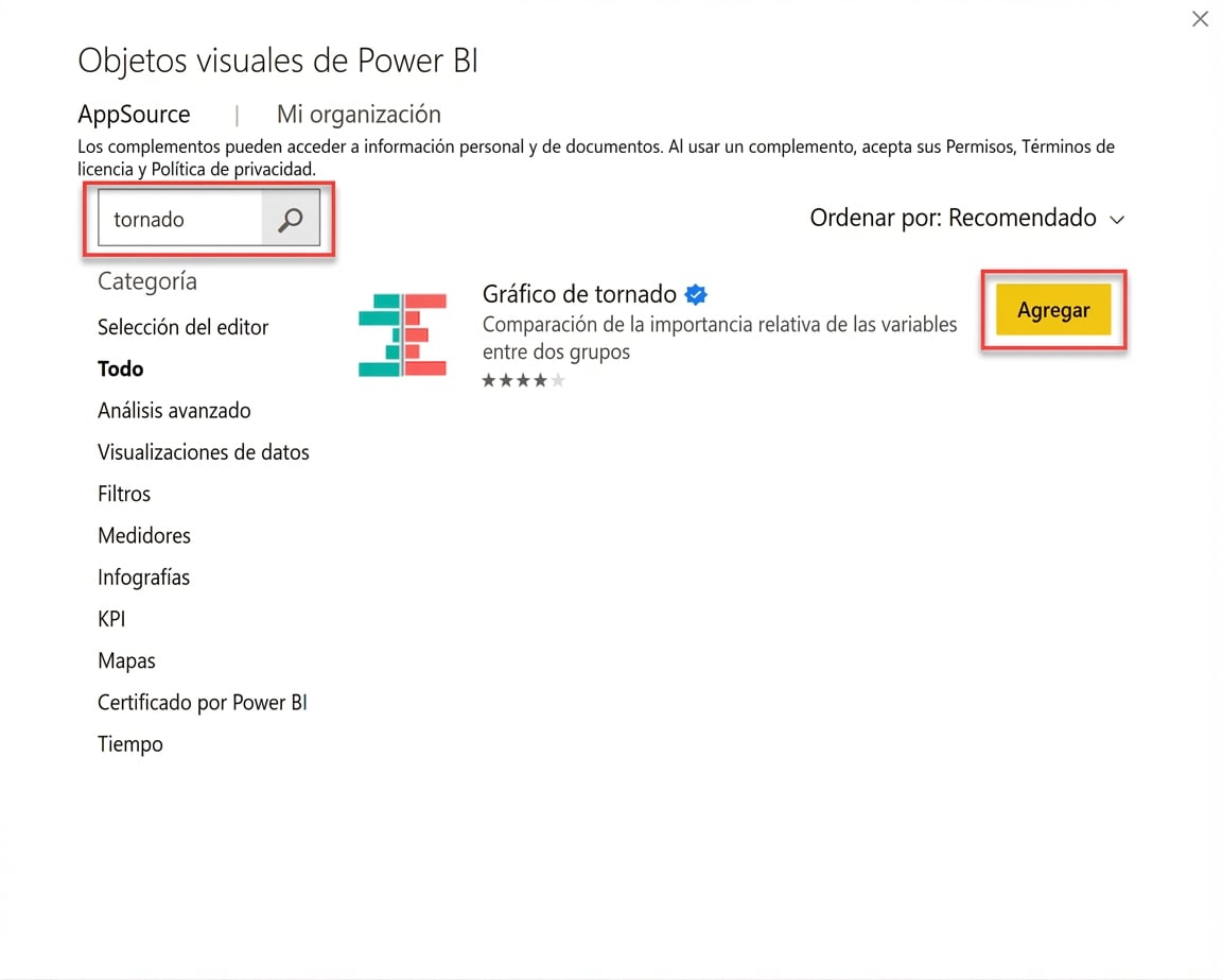 Añadir un gráfico tornado a Power BI desde Microsoft AppSource
