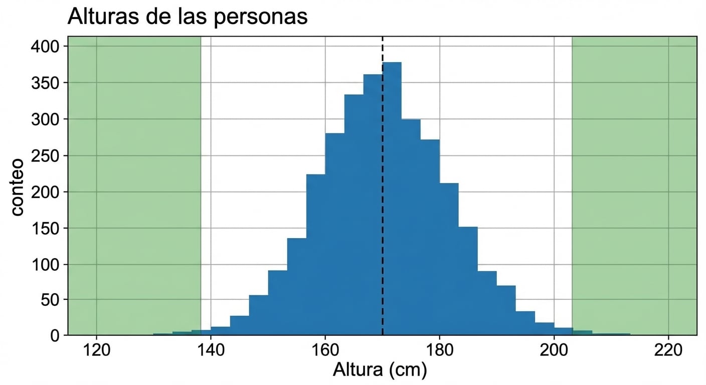 Un histograma de alturas de personas con los valores de altura en el eje x y el número de observaciones en el eje y. Hay áreas verdes en ambos extremos que resaltan posibles valores atípicos.