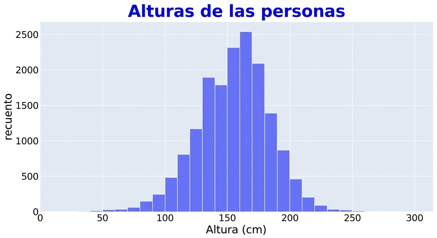 Un histograma de alturas de personas con los valores de altura en el eje x y el número de observaciones en el eje y. Con menos bins es más rígido y en forma de caja.