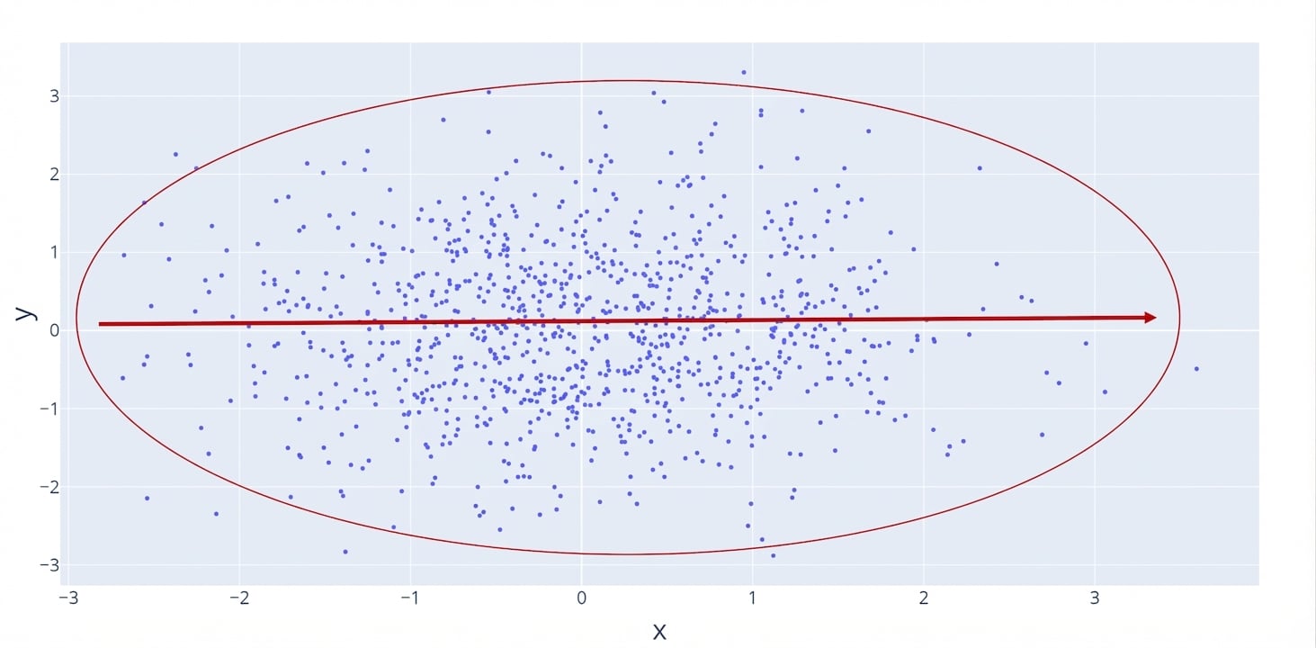 Un diagrama de dispersión con una línea roja plana que indica ausencia de relación. Un círculo rojo destaca los puntos, que están más dispersos y por tanto la relación es débil.