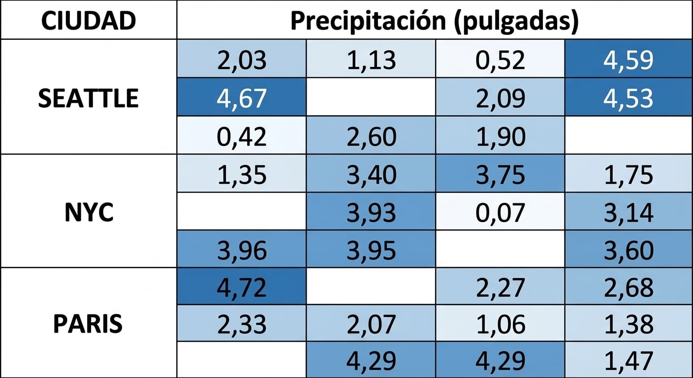 Una matriz de nueve por cuatro con conjuntos de tres filas agrupadas para tres ciudades: Seattle, Nueva York y París. Hay valores que representan pulgadas de lluvia en 30 celdas y 6 están en blanco al azar en los tres grupos de ciudades.