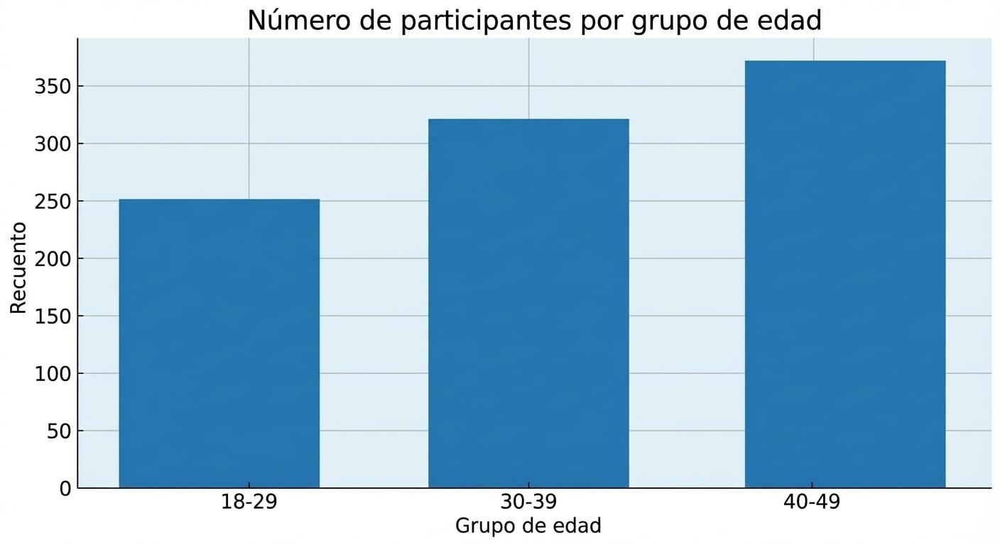 Un gráfico de barras con el número de participantes (eje y) para tres grupos de edad (eje x): “18-29”, “30-39” y “40-49”, que tiene más participantes en la muestra.
