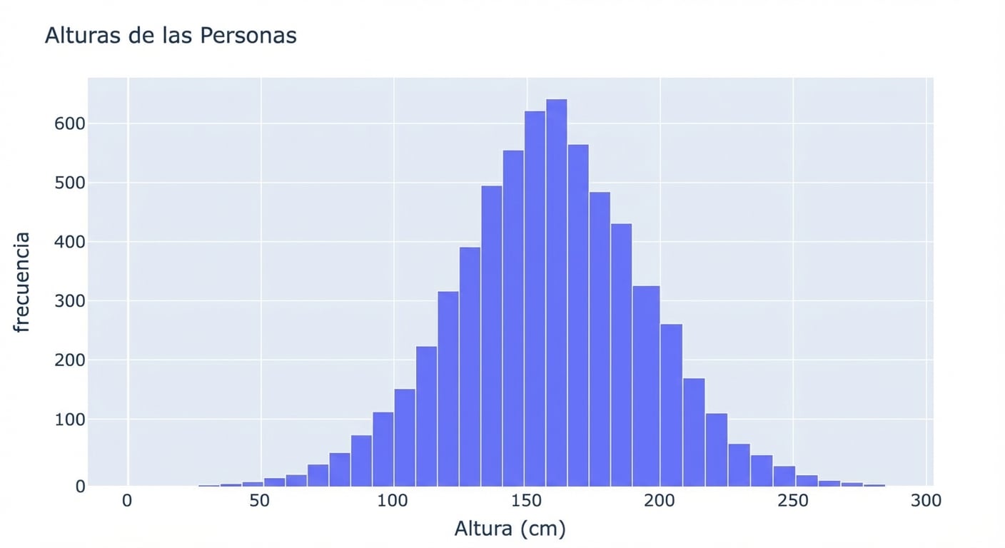 Un histograma de alturas de personas con los valores de altura en el eje x y el número de observaciones en el eje y. Hay una gran masa de observaciones en el centro y menos hacia los extremos.