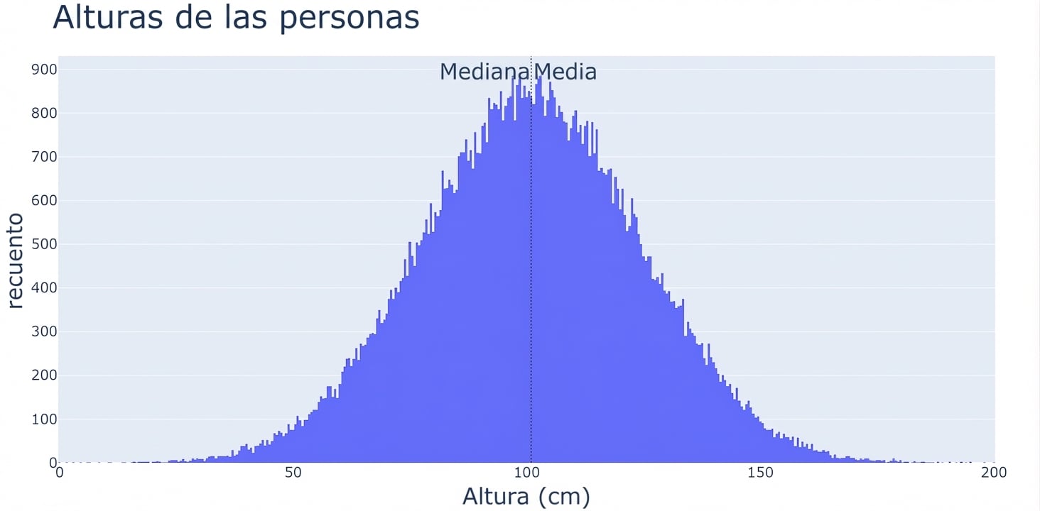 Un histograma de alturas de personas con los valores de altura en el eje x y el número de observaciones en el eje y. Hay una gran masa de observaciones en el centro y menos hacia los extremos.