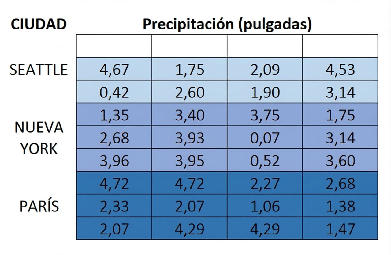 Una matriz de nueve por cuatro con conjuntos de tres filas agrupadas para tres ciudades: Seattle, Nueva York y París. Hay valores que representan pulgadas de lluvia en 30 celdas y 4 están en blanco aleatoriamente solo en Seattle.