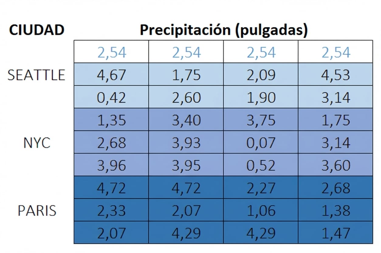 La misma matriz de nueve por cuatro excepto que la fila superior ahora tiene valores, para representar imputar las celdas en blanco con la mediana.