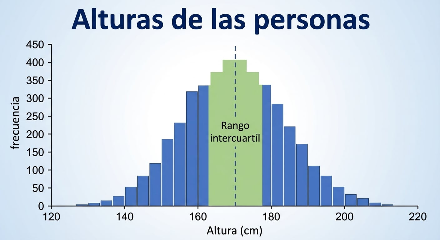 Un histograma de alturas de personas con los valores de altura en el eje x y el número de observaciones en el eje y. Hay un área verde del percentil 25 al 75 que representa el rango intercuartílico.