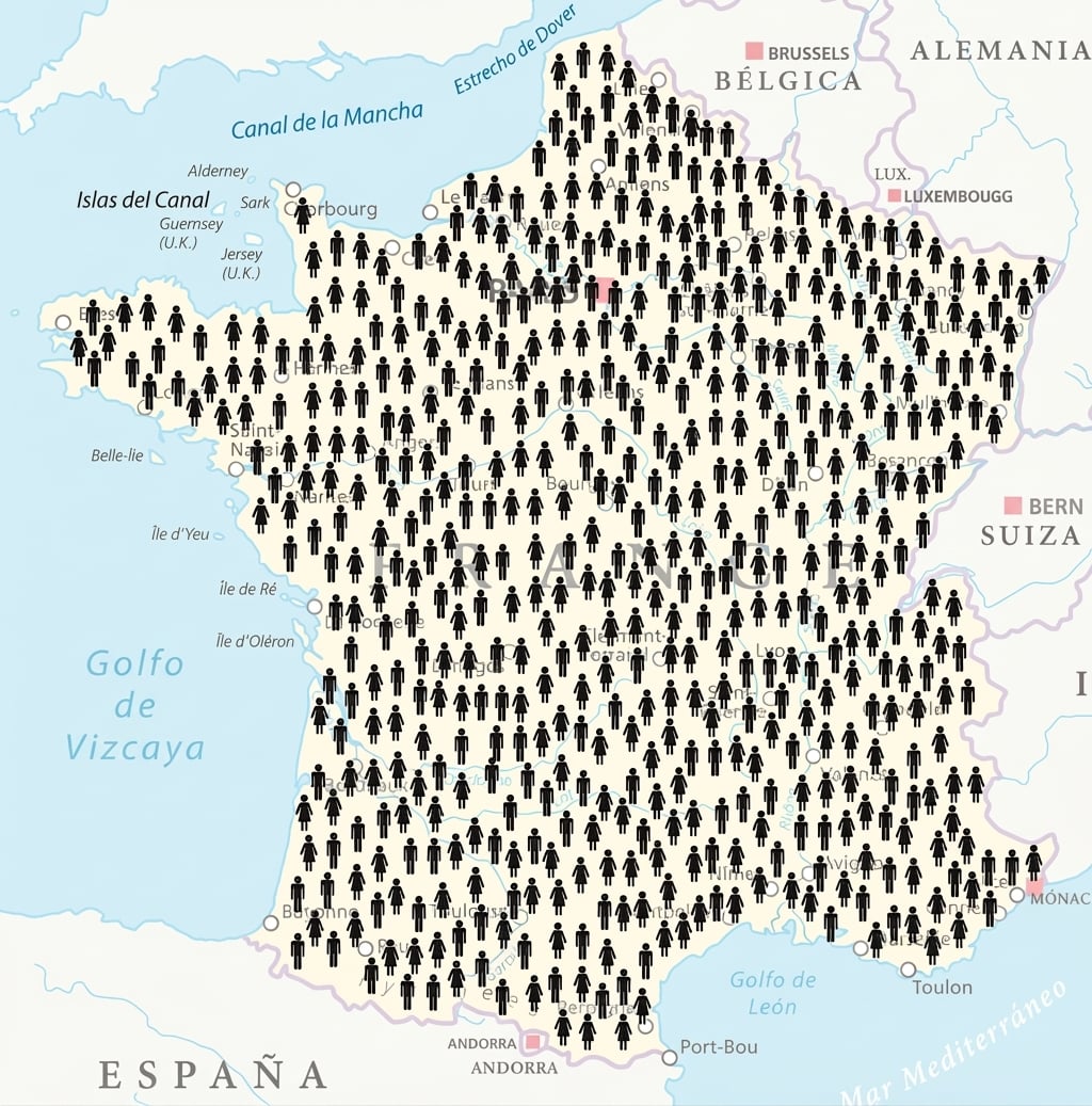 Un mapa de Francia con iconos de personas.