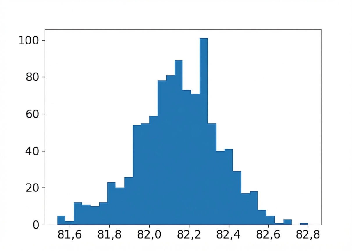 Un histograma de medias muestrales con tamaño de muestra 150.