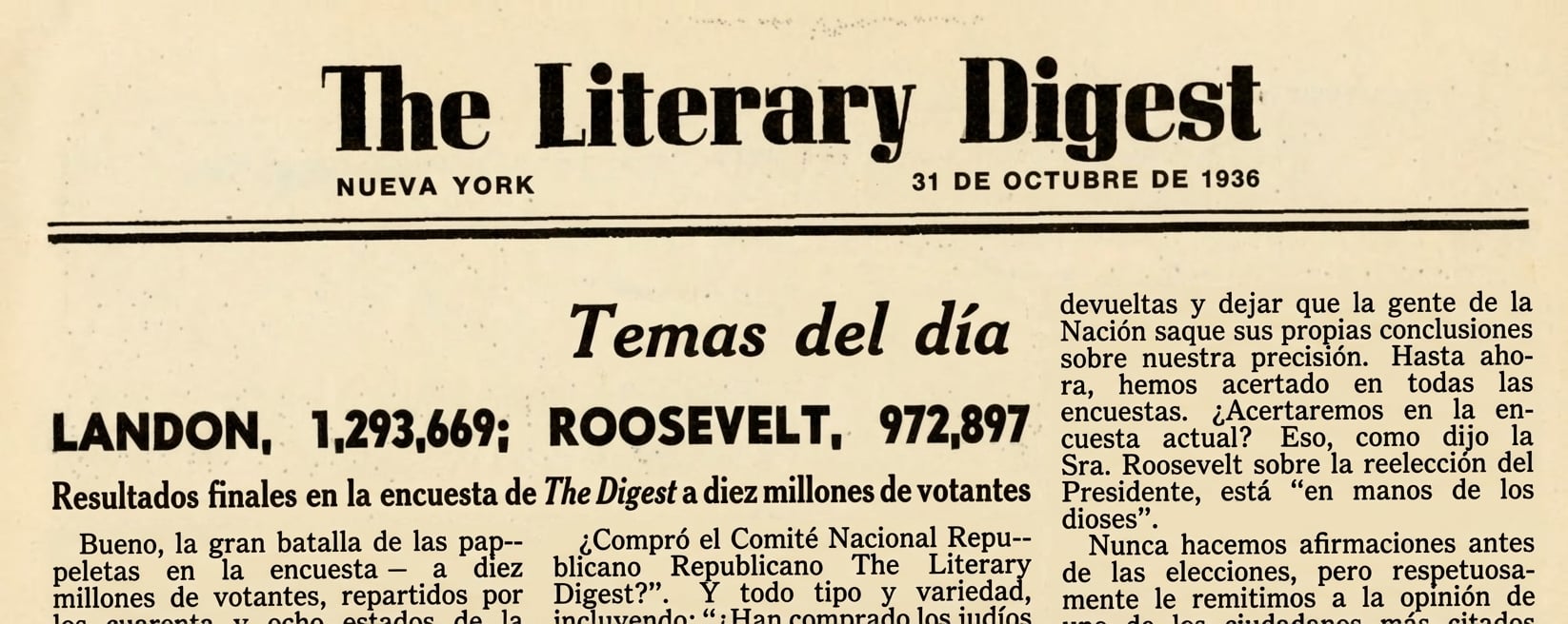 Primera plana de The Literary Digest de 1936 con un titular de predicciones electorales. Se esperaba que Landon obtuviera 1,3 millones de votos y Roosevelt, poco menos de 1 millón.