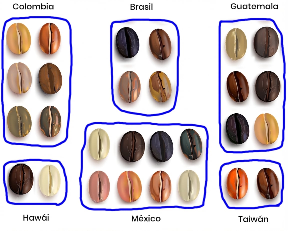 Granos de café agrupados por país de origen.