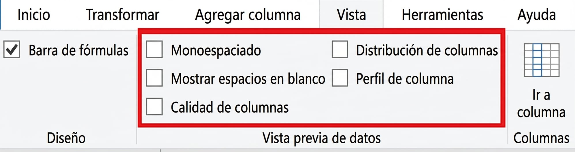 Una captura de Power Query con la pestaña Vista seleccionada y destacando las funciones de vista previa